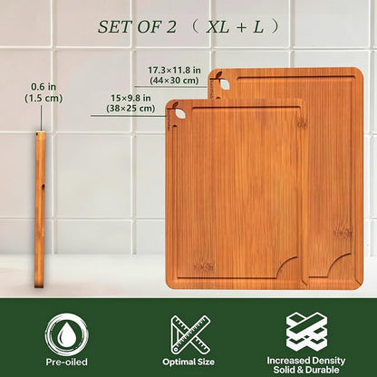 Cutting Board Set of 2,Chopping Boards for Kitchen Meal Prep,Large and X-Large Wood Cutting Boards for Meat, Vegetables and Fruit, Deep Carbonized Bamboo Boards for Daily Cooking and Small Kitchen