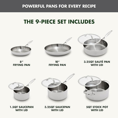 GreenPan Valencia Pro Tri-Ply Stainless Steel 9 Piece Cookware Set, Induction Ready Pots & Pans, Mirror Finish, Dishwasher & Oven/Broiler Safe to 600F, Compatible with All Cooktops