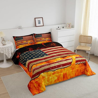 Manfei Burning Flame 3 Pcs Queen Size Comforter Set,American Flag Down Alternative Adults Room Decor,Firefighter Ultra Soft Microfiber Inner Fill 3Pcs Bedding