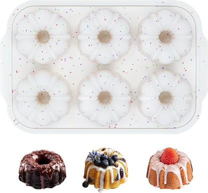 FUNBAKY 3 Inch Mini Fluted Tube Cake Pans for Baking with Metal Reinforced Frame, 2Pcs Silicone 6-Cavity Mini Flan Molds, Nonstick Baking Mold for Cupcake, Brownie, Donuts, Cornbread, Jello