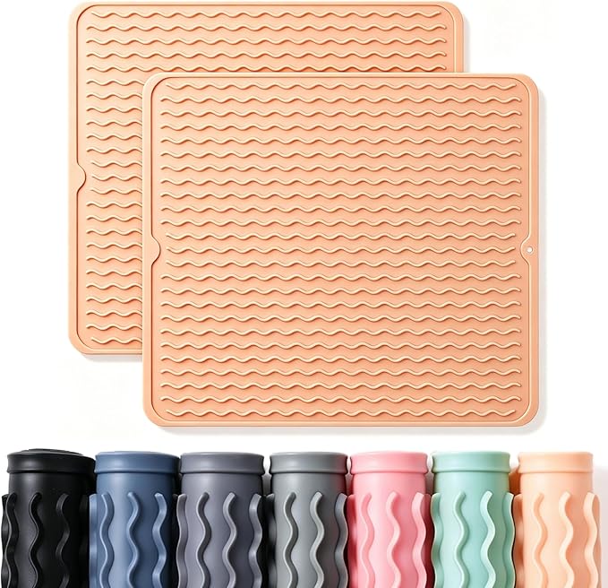 2 Pack Caketime Silicone Dish Drying Mat for Kitchen Counter Waterproof Place mats Sink Protector Stove Top Organizer Cooking Appliance Trays Dryer Rack Drainers Items Extra Large 18"x16" Beige