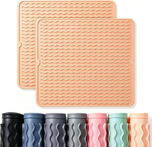 2 Pack Caketime Silicone Dish Drying Mat for Kitchen Counter Waterproof Place mats Sink Protector Stove Top Organizer Cooking Appliance Trays Dryer Rack Drainers Items Extra Large 18"x16" Beige