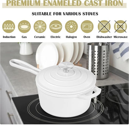 E-far Enameled Cast Iron Sauce Pan, 2 Quart Dutch Oven Saucepan with Lid, Small Sauce Pot for Cooking, Boiling, Healthy & Non Toxic, Induction & Oven Safe, White