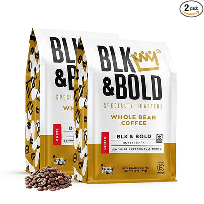 BLK & Bold Whole Bean Coffee, Dark Roast, Coffee Beans, Bold Heavy Body with Smooth Toasty Finish, Fresh Roasted Coffee for Espresso Machine, Drip, French Press & Cold Brew, 12 oz Bags (2 Pack)