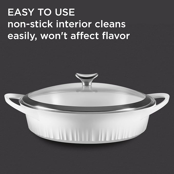 CorningWare QuickHeat 4-QT Cast Aluminum Braiser With Lid, Nonstick Ceramic Interior, Lightweight and Fast Even Heat Baking & Cooking, For Meats, Soup, Browning, Searing, French White