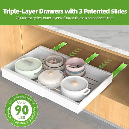 ANTOWIN 1Pack Expandable Pull Out Cabinet Organizer 16.5"Deep (12.2"-20.5" Width), Slide Out Drawers for Kitchen Cabinets, Roll Out Shelves Adhesive with 3-Layer Steel, for Cabinets Without Lip, White