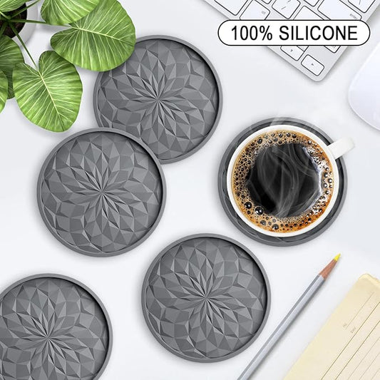 ME.FAN Silicone Coasters with Holder,[6 Pack] Drinking Coasters - Cup Mat for Hot or Cold Drinks, Thickened, Non-Slip, Non-stick,Deep Tray Dark Grey