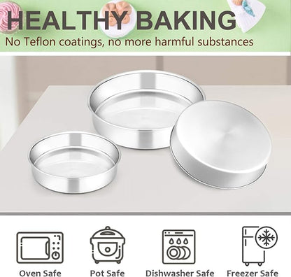 E-far Cake Pan Set of 3 (6 inch/8 inch/9½ inch), Stainless Steel Round Layer Cake Baking Pans, Perfect for Birthday Wedding Tier Cake, Non-Toxic & Healthy, Mirror Finish & Dishwasher Safe