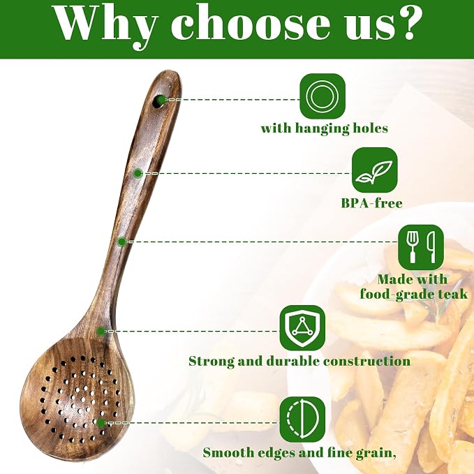 Wooden Slotted Spoon Natural Wooden Skimmer Spoon Teak Slotted Spoons for Cooking Long Handle Wooden-Ladle with Holes 11 Inch
