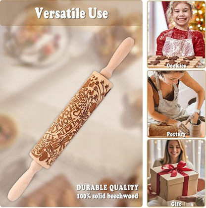 Valentine Embossed Rolling Pins for Cookies, Wooden Engraved Rolling Pin for Baking, Embossing Rolling Pin with Design Patterned Rolling Pin Decorative Springerle Cookie Mold Stamp Clay Pattern Roller