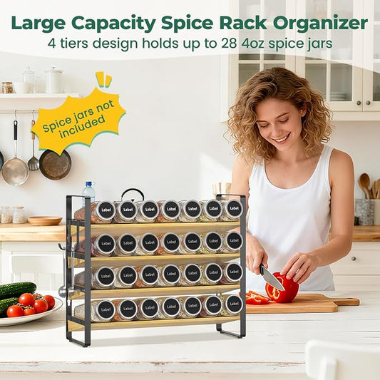 EsLuker.ly Spice Seasoning Rack Organizer Kitchen Countertop, 4 Tier Bamboo Spice Shelf Holder Storage with 4 Hooks, Wall Mounted Freestanding Stand for Pantry, Quick Spice Access(Jars Not Included)