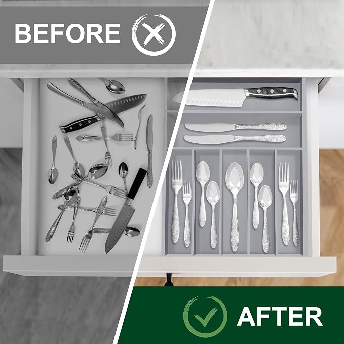 Bellsal Grey Utensil Organizer 12.5 Inch Silverware Tray for Drawer Utensil Holder Cutlery Organizer Kitchen Drawer Organizer 7 Compartment Small Narrow Bamboo