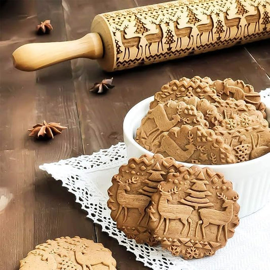 Christmas Wooden Rolling Pins, Xmas 3D Reindeer Shape Decor Embossing Rolling Pin,Christmas Patterned Rolling Pin Baking Tools (Christmas Reindeer)