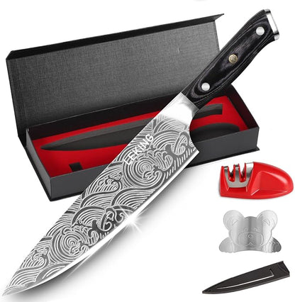 Leking 8 Inch Chef Knife, Kitchen Knife with Sharpener and Finger Guard, Professional High Carbon Stainless Steel Sharp Chef's Knife Set with Ergonomic Handle in Premium Gift Box