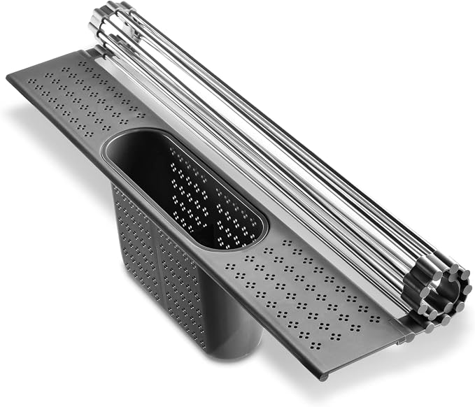 edge Roll Up Dish Drainer, Over The Sink Multi-Purpose Foldable Drying Rack with Caddy, Gray, Large - 20"x11"