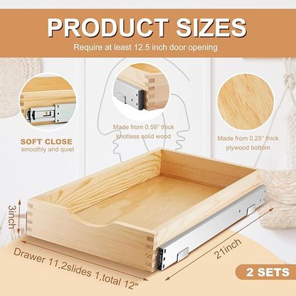 Menkxi 2 Set Wooden Pull out Cabinet Organizer Fully Assembled Slide out Pantry Drawer with Gentle Close Storage Shelf Tray for Base Kitchen Under Sink Bathroom Accessory(Wood Color,12'' X 21'' X 3")