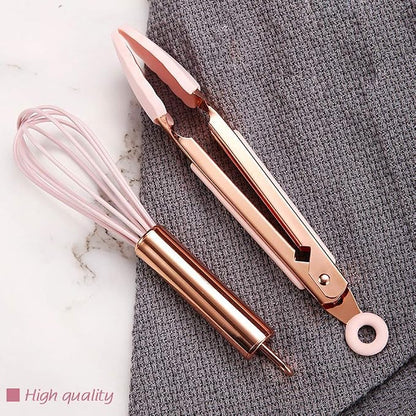 Collfa Rose Gold And Pink Kitchen Utensil Small Five-Piece Set Mini Silicone Kids Kitchen Tools Whisk Spatula Tongs Spoon And Slotted Spatula(Kids Baking Supplies)