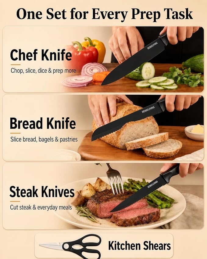 Knife Set, 19-Piece Dishwasher Safe Black Kitchen Knife Block Set with Built-in Sharpener, Stainless Steel Cutlery Set for Everyday Prep, Steak Nights and Modern Kitchens