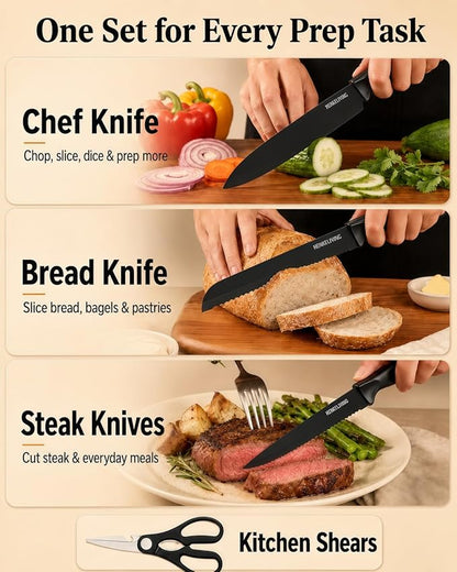 Knife Set, 14-Piece Black Dishwasher Safe Kitchen Knife Block Set with Built-In Sharpener, German High Carbon Stainless Steel Blades, Ultra Sharp Knives with Ergonomic Non-Slip Handles