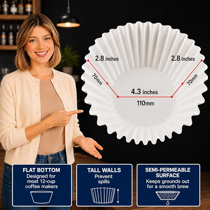 Pine & Pebble® 12-Cup Large Commercial Coffee Filters, 500 Count | Tall-Walled Basket Style (9.84" x 4.33") | No Grounds, No Mess | Fits BUNN & Standard Coffee Makers | Bulk for Cafés & Offices