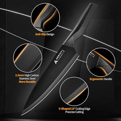 Knife Set with Block - Kitchen Knife Set German High-Carbon Steel - 15-Piece with Built-in Sharpener & Dishwasher Safe - Ergonomic Anti-Slip Handles,Black,Gift Box Included