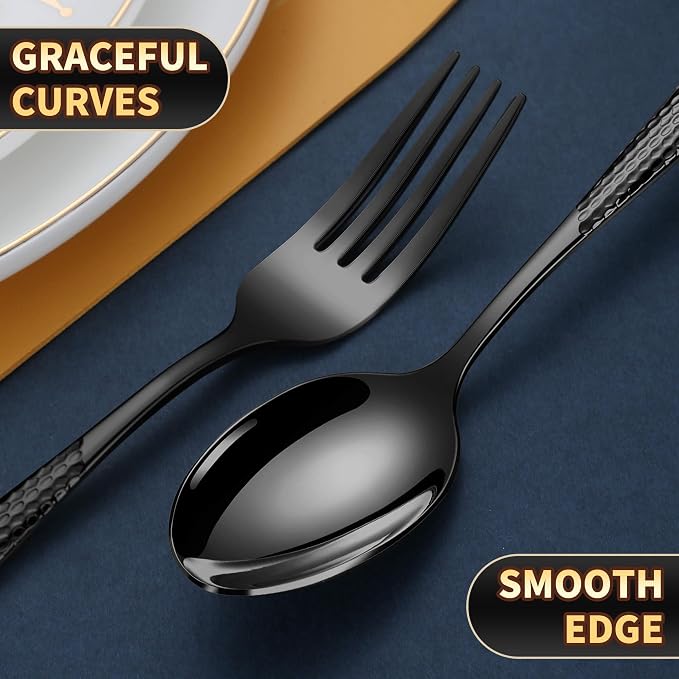 Lemeya 40-Piece Hammered Black Silverware Set for 8,18/10 Stainless Steel Flatware Set with Serrated Forged Knives,Heavy Duty Cutlery Set for Home & Party Restaurant,Mirror Polished, Dishwasher Safe