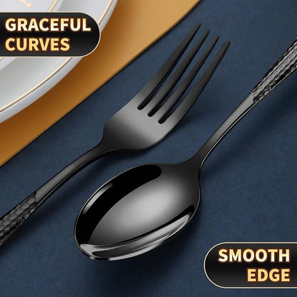 Lemeya 40-Piece Hammered Black Silverware Set for 8,18/10 Stainless Steel Flatware Set with Serrated Forged Knives,Heavy Duty Cutlery Set for Home & Party Restaurant,Mirror Polished, Dishwasher Safe