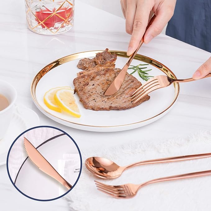20 Piece Copper Silverware Set,Stainless Steel Flatware Cutlery Set Service for 4 Including Forks Spoons Knives,Kitchen Utensil Set,Tableware for Home and Restaurant, Dishwasher Safe