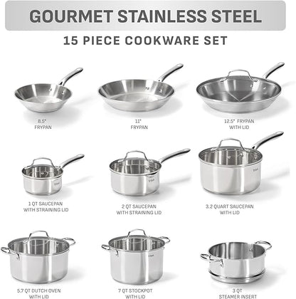 T-fal Gourmet 15-Piece Stainless Steel Cookware Set, Pots and Cooking Set, Dishwasher Safe, Oven Safe to 500°F, Induction Compatible, Sauce, Saute, Frying Pans, Silver