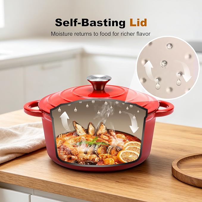Enameled Cast Iron Dutch Oven - 5.5QT Pot with Lid,Oven Safe to 500°F,Heavy-Duty Cookware for Sourdough Bread Baking,Braising,Stews,Roasting Red