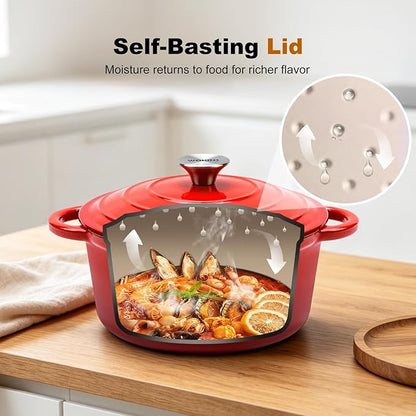 Enameled Cast Iron Dutch Oven - 4QT Pot with Lid,Oven Safe to 500°F,Heavy-Duty Cookware for Sourdough Bread Baking,Braising,Stews,Roasting Red