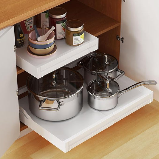 MaraFansie Pot Stands Pull Out Cabinet Organizer Expandable(13"-19.68") Sliding Shelf with Adhesive Nano Film, Adjustable Width Roll Out Under Sink Organizer for Kitchen, Living Room