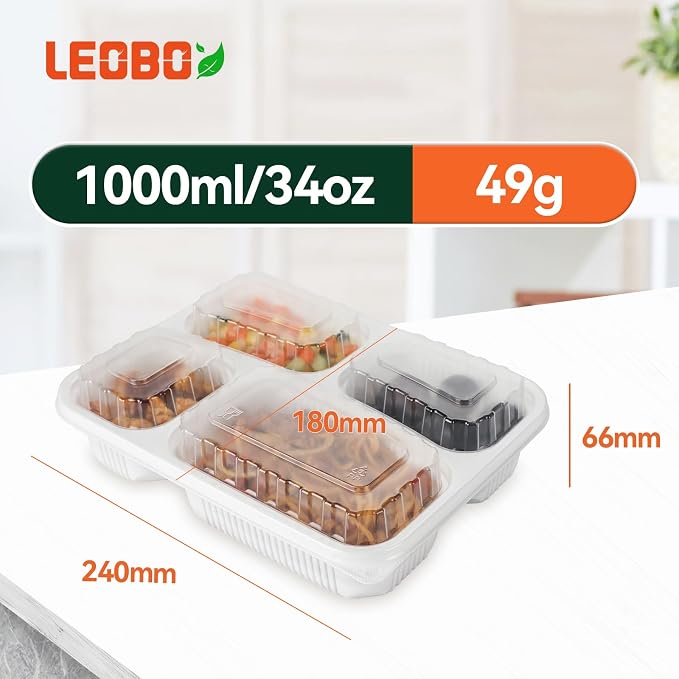 40 Pack 34oz 4-Compartment Bento Box - Shrink Wrapped No Pre-Wash | BPA Free Leak-Resistant Takeout Containers | Microwave Safe | Shatterproof Flexible PP To Go Box, Bulk Leftover Storage