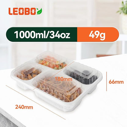 40 Pack 34oz 4-Compartment Bento Box - Shrink Wrapped No Pre-Wash | BPA Free Leak-Resistant Takeout Containers | Microwave Safe | Shatterproof Flexible PP To Go Box, Bulk Leftover Storage