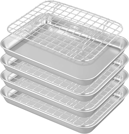 Set of 4 Baking Sheets with Rack, Stainless Steel Small Baking Tray, Oven Tray and Grid Rack for Baking Roasting, 9.4 x 7 x 1 inch
