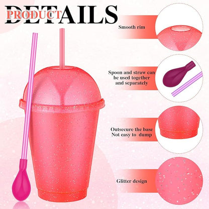 6 Set Slushie Cups with Dome Lids and Straws Detachable Spoon Straws Reusable Plastic Iced Coffee Cups Smoothie Tumbler for Birthdays Summer Party Supplies(Multi Color,16 oz)