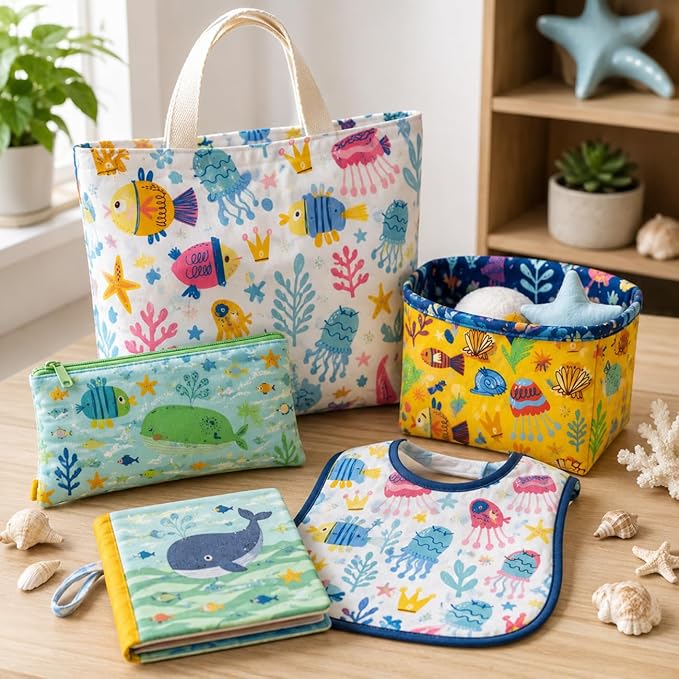 DMFR Ocean Fabric Squares 5 x 5 Inch, 42 Pcs 100% Cotton Charm Pack Fabric for Quilting, Under the Sea Precut Quilt Squares, 6 Assorted Patterns for Sewing, Patchwork, Crafts, Baby Boy Projects