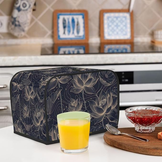Flower Lotus Pattern Toaster Cover 2 Slice Wide Slot Washable Kitchen Appliance Covers Fingerprint Bread Machine Dust Cover Small Toaster Oven Accessories Covers Bread Maker Bag Women Gift