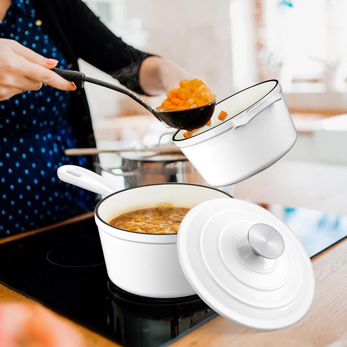 Leonyo Cast Iron Pots and Pans Set, 1Qt & 2Qt Enameled Sauce Pan with Lid, Small Cast Iron Dutch Oven Kitchen Cookware Appliances for All Cooktops Cooking Pasta, Milk, Egg - Up to 500°F, White
