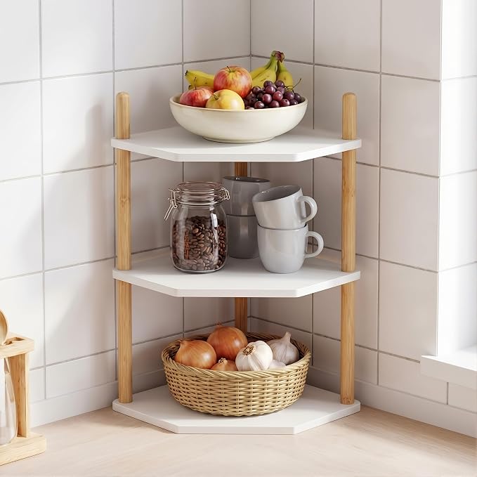 3-Tier Expandable Bamboo Corner Shelf - Dish/Plate Organizer for Cabinet, Kitchen Counter Shelf & Small Kitchen Shelf, Adjustable (White, 1-Pc 6.70" H)