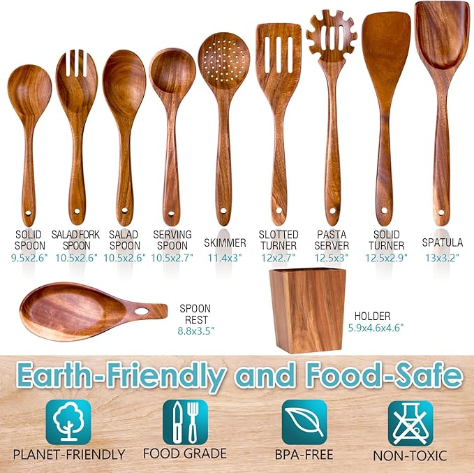 HOWHONG Wooden Spoons for Cooking, Premium Acacia Wood Kitchen Utensil Set, Handmade Wooden Utensils for Nonstick Cookware, Heat Resistant, Smooth Finish, Comfortable Grip, with Holder, Gift Ready