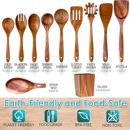 HOWHONG Wooden Spoons for Cooking, Premium Acacia Wood Kitchen Utensil Set, Handmade Wooden Utensils for Nonstick Cookware, Heat Resistant, Smooth Finish, Comfortable Grip, with Holder, Gift Ready