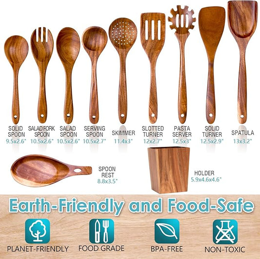 HOWHONG Wooden Spoons for Cooking, Premium Acacia Wood Kitchen Utensil Set, Handmade Wooden Utensils for Nonstick Cookware, Heat Resistant, Smooth Finish, Comfortable Grip, with Holder, Gift Ready