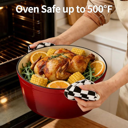 Enameled Cast Iron Dutch Oven with Lid -6.5 QT, incl. Sourdough Bread-Baking Supplies like Banneton Proofing Basket, Heavy Duty Cookware Bread-Oven for Baking, Stews, and Roasting, Cherry Red