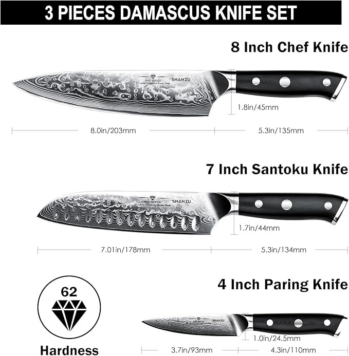SHAN ZU Damascus Knife Set, Japanese Super Steel 3 PCS Damascus High Carbon Professional Ultra-Sharp Kitchen Chef Knife Set with G10 Handle Gift Box