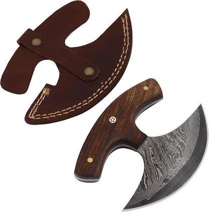 Custom Damascus Steel Ulu Knife Traditional Alaskan Damascus Ulu Knife with sheath Multi-Purpose Pizza Cutter, Vegetable Chopping, Boning Slicing Cutting Walnut Handle Leather Sheath