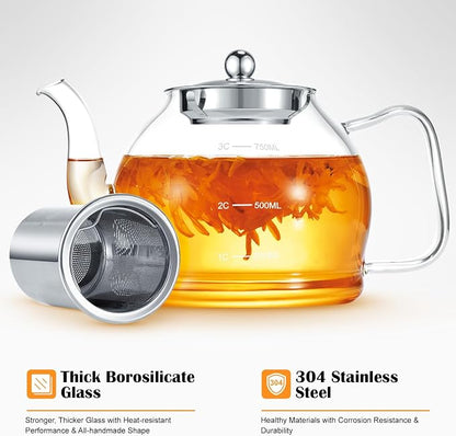 STNTUS Glass Teapot With Infuser, 27 oz / 800 ml for Loose Tea, Stainless Steel Strainer Teapots, Stovetop Safe