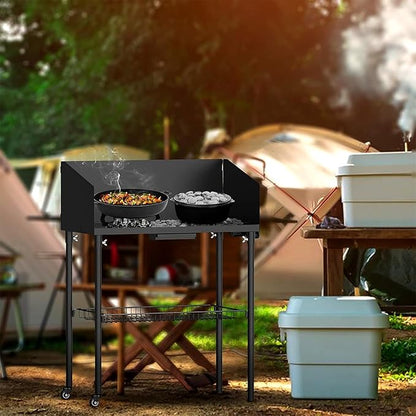 onlyfire Outdoor Camp Cooking Table for Dutch Ovens and Food Preparation, Collapsible Grill Table Camping Kitchen Station with Side Windscreen & Storage Basket for Backyard BBQ Picnic RV