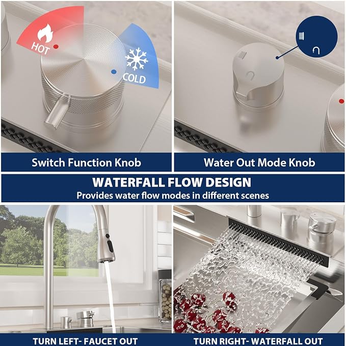 Lordear 33x22 Inch Drop In Kitchen Sink Waterfall Functional T304 16 Gauge 33 Inch Workstation Stainless Steel Single Bowl Kitchen Sinks, 33X22X10 Inch