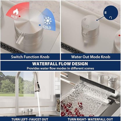Lordear 33x22 Inch Drop In Kitchen Sink Waterfall Functional T304 16 Gauge 33 Inch Workstation Stainless Steel Single Bowl Kitchen Sinks, 33X22X10 Inch